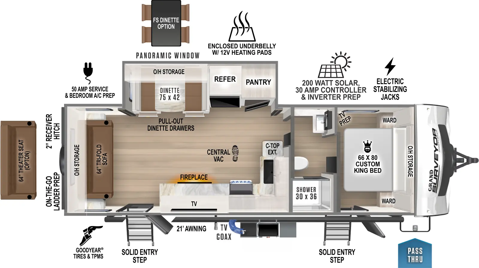 The 253RLS has two entry doors and one slideout. Exterior features pass thru storage, solid entry steps, an outside kitchen, TV coax, 21 foot awning, Goodyear tires and TPMS, on-the-go-ladder prep, 2 inch receiver hitch, 50 amp service, bedroom A/C prep, enclosed underbelly with 12 volt heating pads, 200 watt solar with 30 amp controller and inverter prep, and electric stabilizing jacks. Interior layout front to back: foot facing custom king bed with overhead cabinet and wardrobes on each side, TV prep on off-door side, and one entry; full pass through split bathroom; off-door side slideout with pantry, refrigerator, dinette with pull-out drawers, overhead storage and panoramic window; kitchen counter with sink and extension wraps along inner wall to door side with overhead cabinets, TV, fireplace, and second entry door; rear tri-fold sofa with overhead storage; central vacuum system. Optional theater seating in place of tri-fold sofa. Optional free-standing dinette in place of regular dinette.